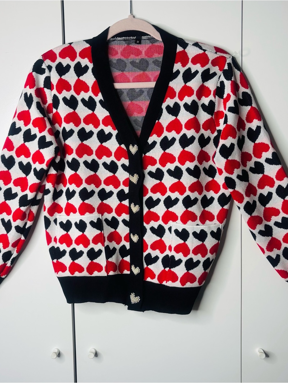 Heart-Pattern V-Neck Cardigan Sweater - Red, Black & White
